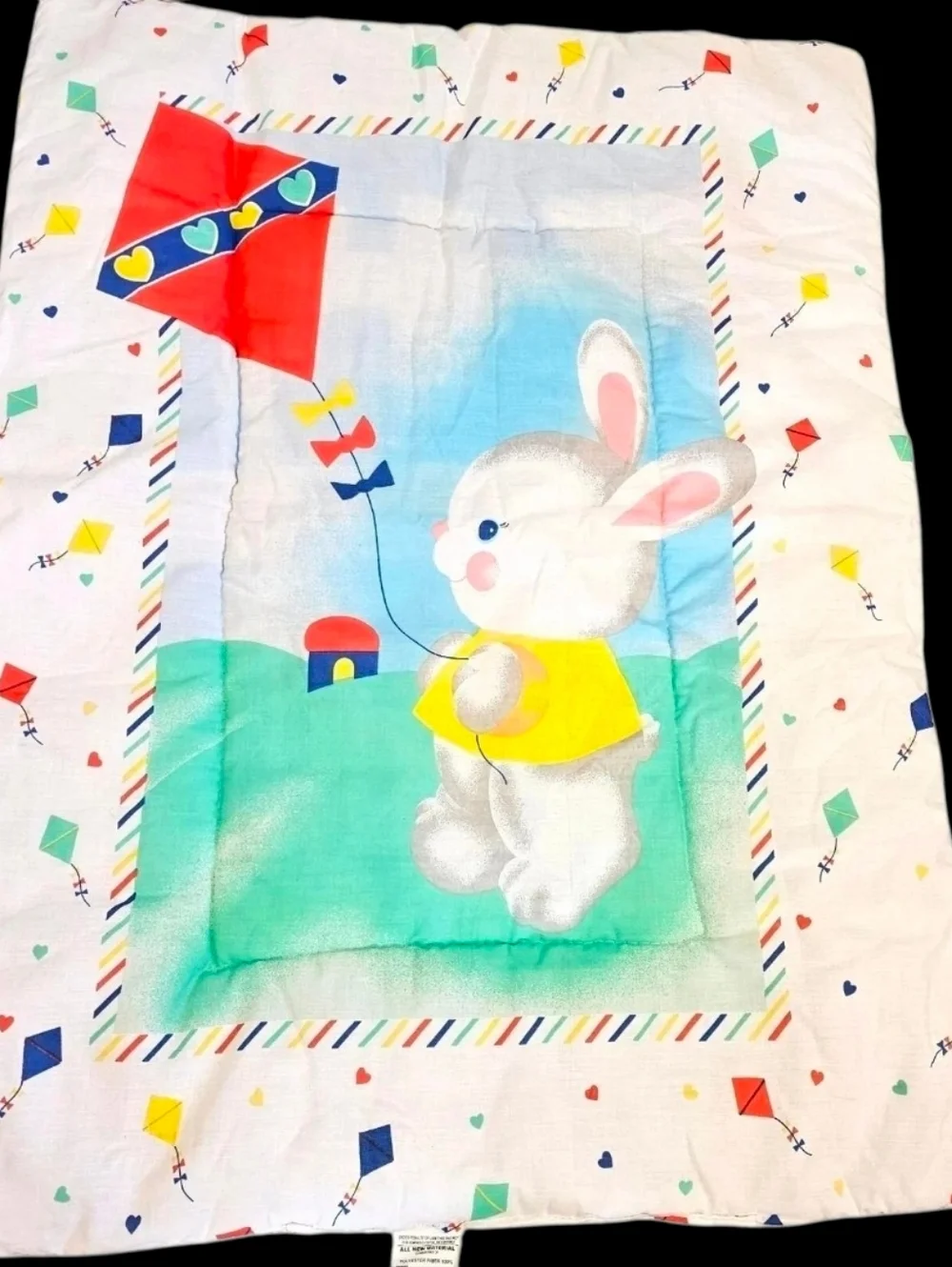 90s Crib Comforter‎ Bunny Rabbit Flying Kit Hearts Primary Colors Quilted